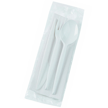 Plastic PS bestekset vork, mes, lepel en servet (25 stuks)