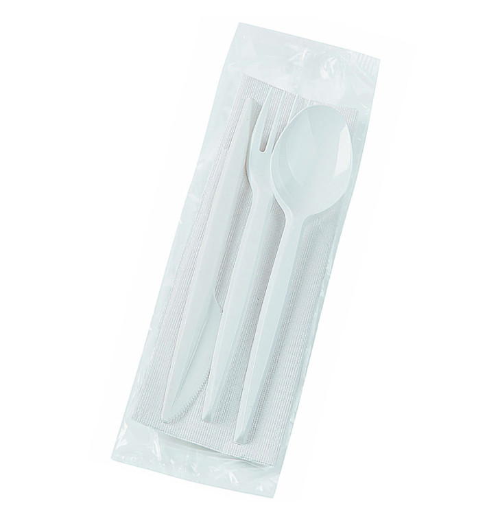 Plastic PS bestekset vork, mes, lepel en servet (500 stuks)