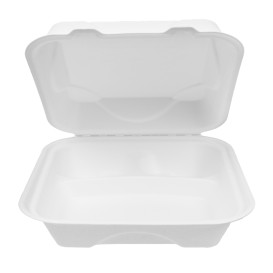 Suikerriet Gescharnierd Container "Menu Box" 3 Compartmenten wit 20x20x7,5cm (50 stuks) 