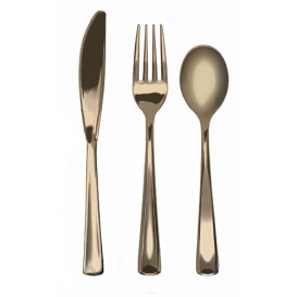 Bestekset vork, mes en lepel goud gemetalliseerd (1 stuk)