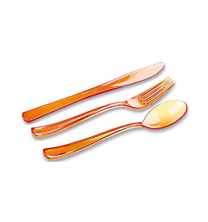 Plastic Bestekset vork, mes, lepel oranje (20 sets)