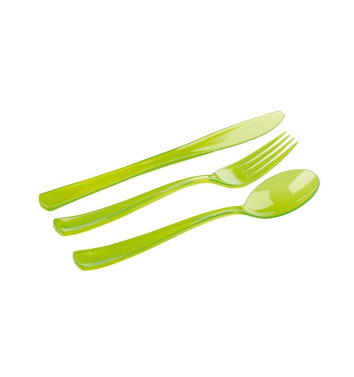 Plastic Bestekset vork, mes, lepel groen (20 sets)