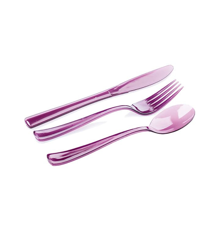 Plastic Bestekset vork, mes, lepel aubergine kleur (1 stuk)