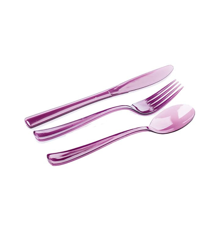 Plastic Bestekset vork, mes, lepel aubergine kleur (20 sets)