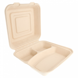 Suikerriet Gescharnierd Container "Menu Box" 3 Compartmenten 25x25x7,5cm (50 stuks) 