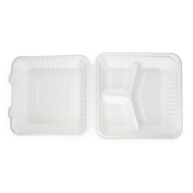 Suikerriet Gescharnierd Container + PLA wit 3C 23x23x7,5cm (50 stuks)