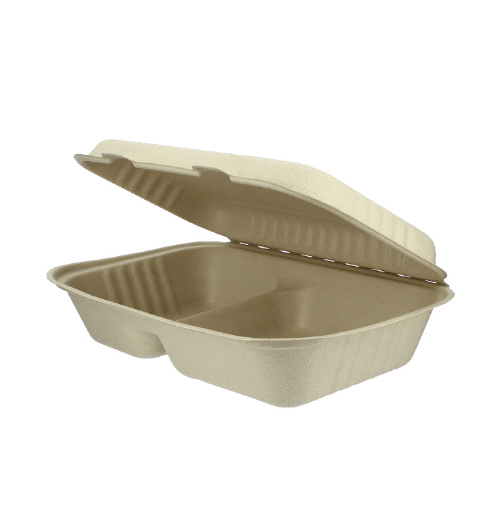 Suikerriet Gescharnierd Container "Menu Box" 2 Compartmenten 22,5x16,5x6,4cm (500 stuks)