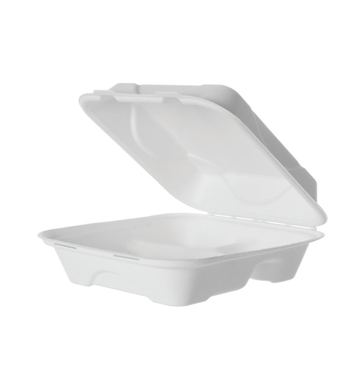 Suikerriet Gescharnierd Container "Menu Box" 3 Compartmenten wit 20x20x7,5cm (50 stuks) 