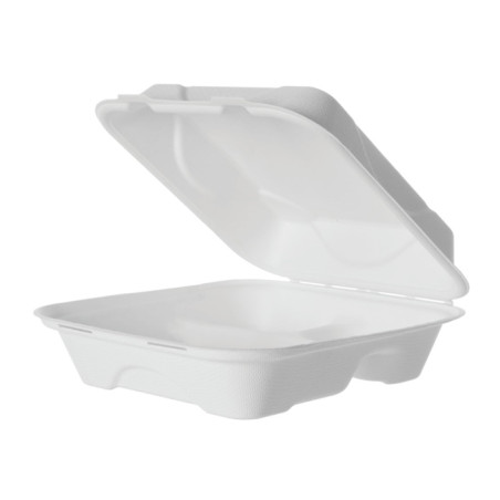 Suikerriet Gescharnierd Container "Menu Box" 3 Compartmenten wit 20x20x7,5cm (50 stuks) 