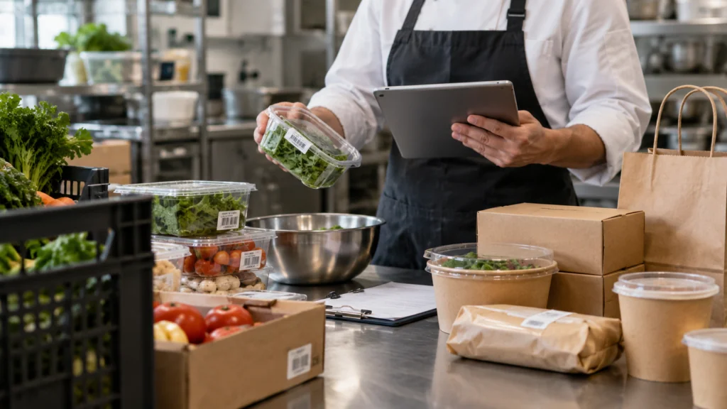 Medewerker controleert producten en registraties voor de soorten traceerbaarheid van levensmiddelen in een restaurant